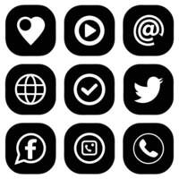 Black Icon Set with Social Media Symbols on Rounded Squares, Communication Tools vector