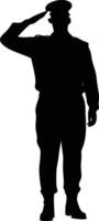 Black Silhouette of Military Man in Uniform Saluting with Hat on White Background vector