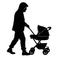 Man Silhouette Walking with Baby Stroller Isolated on White Background Design vector