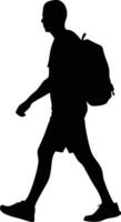 Man Silhouette Walking with Backpack. Person Walking in Shorts and Tshirt vector