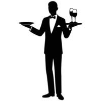 Full Body Waiter Silhouette with Tuxedo Serving Wine and Plate on White Background vector