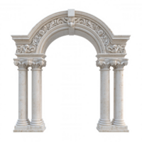 Classic stone arch adorned with intricate floral decorations and supported by structure columns, isolated on a transparent background png