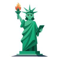 Green Statue of Liberty with Raised Torch and Tablet on a White Background vector