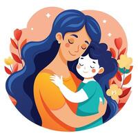 Smiling Woman Hugging Child with Flowers Circle on White Backdrop vector