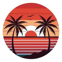 Sunset with Palm Trees, Birds, and Retro Stripes in Circle vector