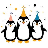 Group of Three Cheerful Penguins Wearing Party Hats on a White Background vector