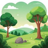 Cartoon Forest with Green Hills, Trees, Rocks and Gradient Sky Background vector