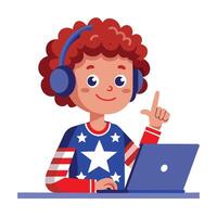Redhaired Boy with Headphones Using Laptop and Pointing on White Background vector