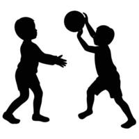 Silhouette of Two Kids Throwing Ball at Each Other on Isolated White Background vector