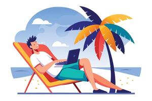 Man Using Laptop Reclining in Beach Chair under Palm Tree against Sea and Sky vector