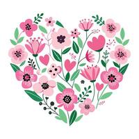 Pink Flowers, Hearts, and Green Leaves Arranged in Heart Shape on White Background vector