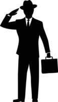 Silhouette of Man in Suit and Hat Saluting with Briefcase Isolated on White vector