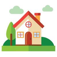 Flat design icon of house, simple building with red roof, green grass, and trees vector
