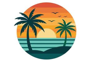 Retro sunset scenery with palm trees, ocean waves, birds flying in circle frame vector