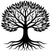 Silhouette Tree of Life, Round Foliage, Roots, Trunk, Branches on White Background vector
