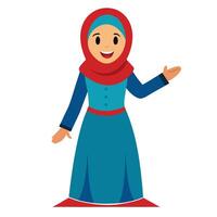 Smiling Muslim Woman Character Wearing Hijab and Gown with Arms Gesturing vector