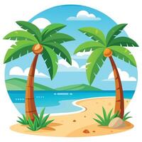 Beach Cartoon Style with Palm Trees Sand and Tropical Sea View Background vector