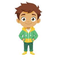 Standing Smiling Boy Cartoon with Green Jacket and Hands in Pockets vector