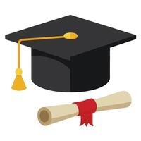 Graduation Cap with Golden Tassel and Diploma Scroll on White Background Icon vector