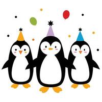 Three Animated Penguins in Party Hats with Balloons on White Background vector