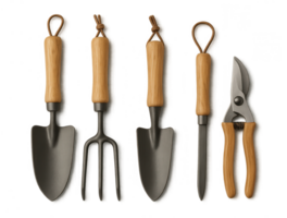 Gardening tools set with trowel, transplanter, hand rake, dibber and pruning shears on transparent background png