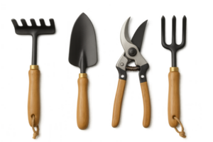 Gardening tools set with rake, trowel, pruner and hand cultivator on transparent background png