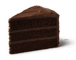 Delicious slice of three-layer chocolate cake with frosting on transparent background png