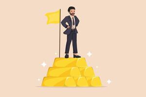 A Businessman Standing Proudly Atop a Stack of Gold Bars with a Victory Flag, Symbolizing Achievement in Business and Wealth Accumulation. vector