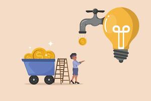 Creative Business Concept Turning Innovative Ideas into Wealth, Symbolized by a Faucet Dripping Gold Coins from a Glowing Light Bulb towards a Business Professional. vector