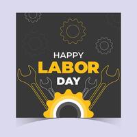 Square labor day graphic with a dark background, yellow gear, and symmetrical wrench illustrations, ideal for minimalist industrial holiday content and posts vector