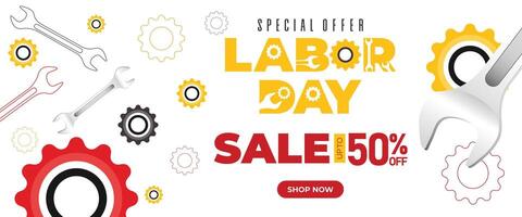 Modern Labor Day banner with white background, bold gear shapes, red sale text, and mechanical icons. Ideal for online ads, promotions, and print use vector