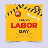 Bright yellow labor day design with bold red text, tool illustrations, and angled caution tape, perfect for promoting worker unity and strength on 1st May vector