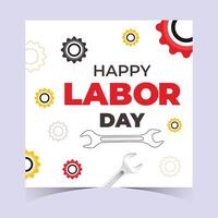 Minimal white labor day square banner with red bold typography and gear illustrations, ideal for modern, clean and professional worker appreciation designs vector