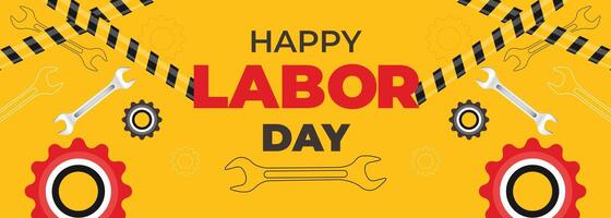 Bright yellow labor day banner with red gears, caution stripes, and tool icons, symbolizing hard work and unity for celebrating international workers vector