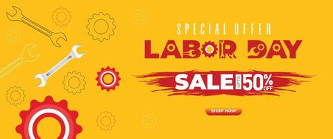 Bright yellow Labor Day sale banner template with hand tools and red bold typography. Clean layout for promotion, seasonal ads, and worker events vector