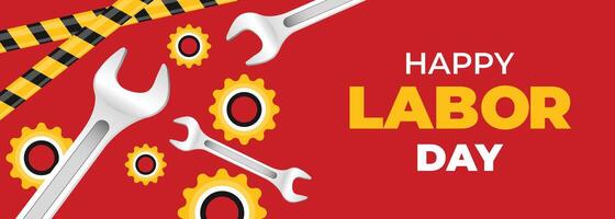 Bold red labor day banner with white wrench illustration and yellow gears, representing strength, teamwork, and celebration of workers around the world vector