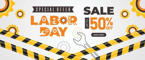 Editable Labor Day sale banner with yellow tools, abstract shapes, and bold 50 off text. Ideal for web promotions, print ads, and holiday campaigns vector