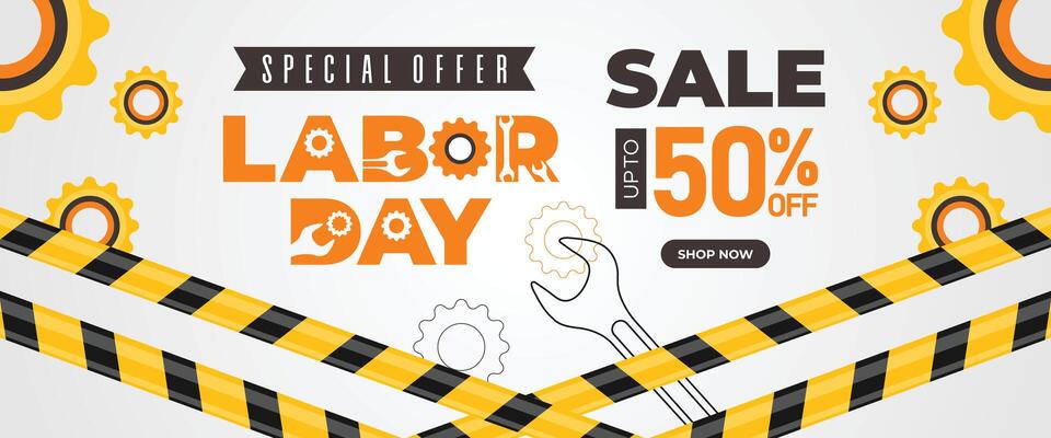 Editable Labor Day sale banner with yellow tools, abstract shapes, and bold 50 off text. Ideal for web promotions, print ads, and holiday campaigns