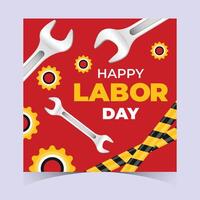 Bold red labor day square banner with white wrenches, diagonal caution tape, and scattered gear icons for industrial celebration and workers day graphics vector