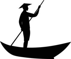 Silhouette of Asian rower rowing with paddle in boat vector