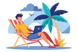 Cartoon Man Using Laptop Sitting In Beach Chair with Palm Tree and Clouds vector