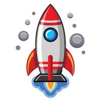 Cartoon Rocket Launching with Smoke Clouds and Planet Orbits on White Background vector