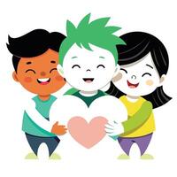 Three Smiling Diverse Children Holding a HeartShaped Object on White Background vector