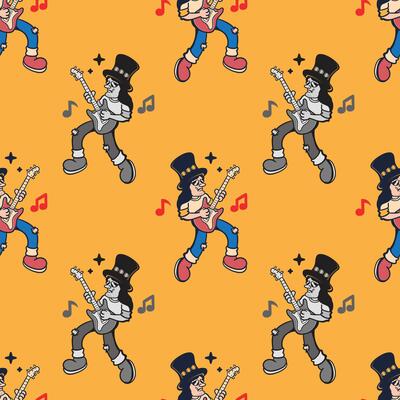 Retro style cartoon guitarist character seamless pattern