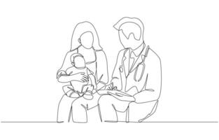 Continuous one line drawing of mother holding baby on lap and talking to pediatrician, doctor and pediatric patient concept, single line art vector