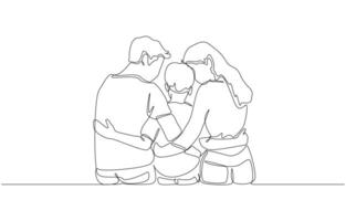 Continuous one line drawing of parents hugging their son while sitting together, bond of family love and support concept, single line art vector
