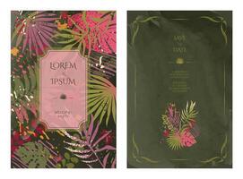 Luxurious invitation card with tropical botanical pattern, watercolor texture, retro style. Design for weddings, parties and covers. vector