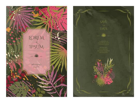 Luxurious invitation card with tropical botanical pattern, watercolor texture, retro style. Design for weddings, parties and covers.