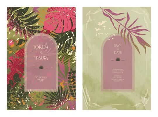 Wedding party invitation template. Tropical theme, suitable for other themed parties. Watercolor textures.