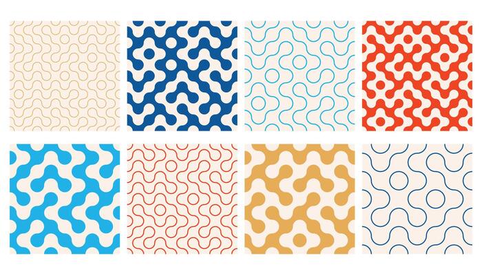 Truchet thin line and filled round shapes seamless pattern collection. Contemporary style geometric mosaic patterns with rounded lines. Modern tilt mosaic background set.